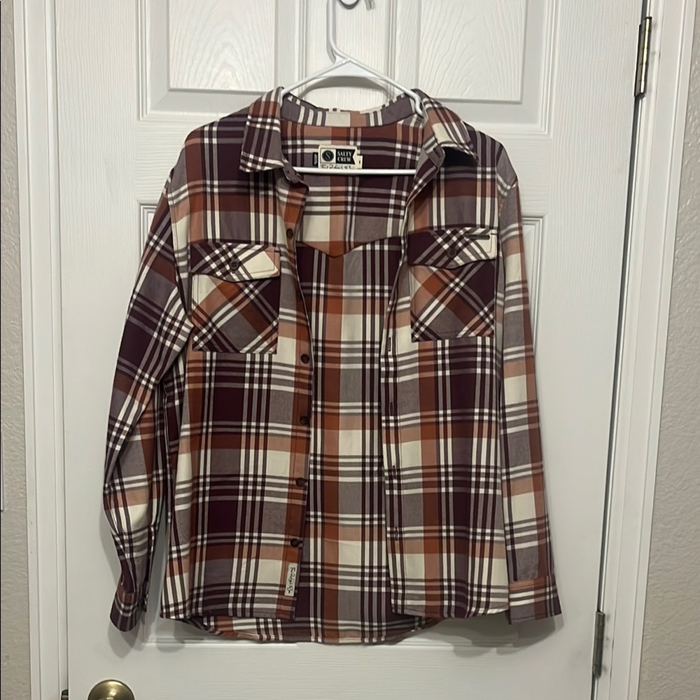 Salty Crew Plaid Flannel Shirt - Brown, Maroon, and White